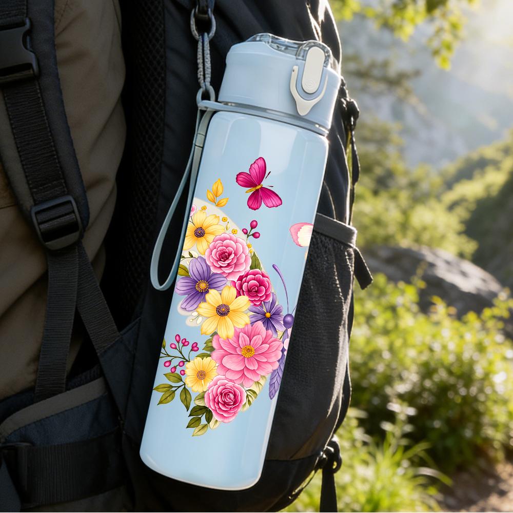 1PC Multi Pink Butterfly Bouquet 750ml Color Plastic Sports Water Bottle Leakproof Flip Straw Lid Suitable for Sports Office Home Use