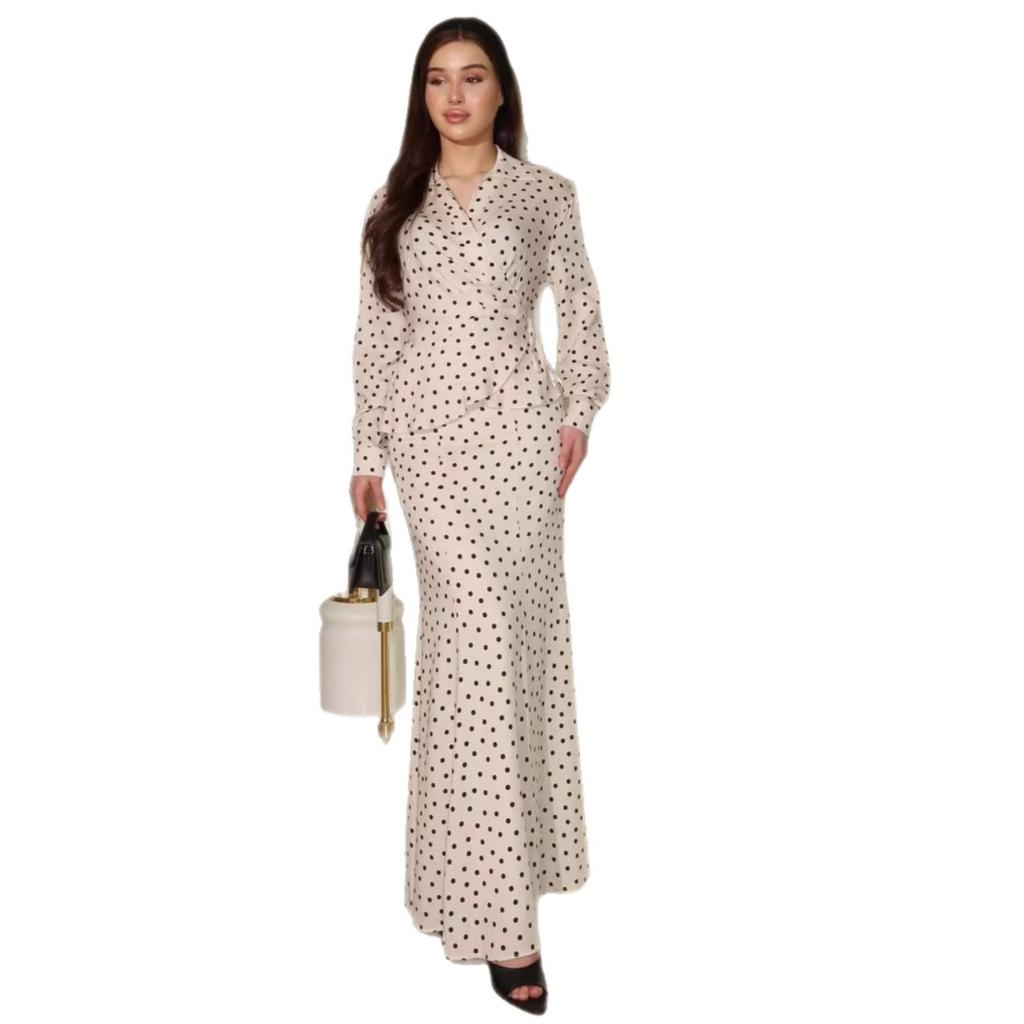 Autumn new European, American Amazon cross-border V-neck temperament polka dot long skirt long coat two-piece set