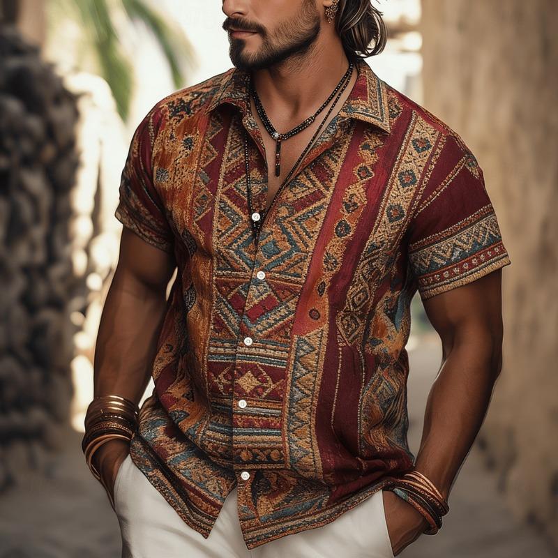 

Men s Ethnic Tribal Geometric Print Short Sleeve Shirt, Vintage Pattern Button Down for Spring Summer Casual S