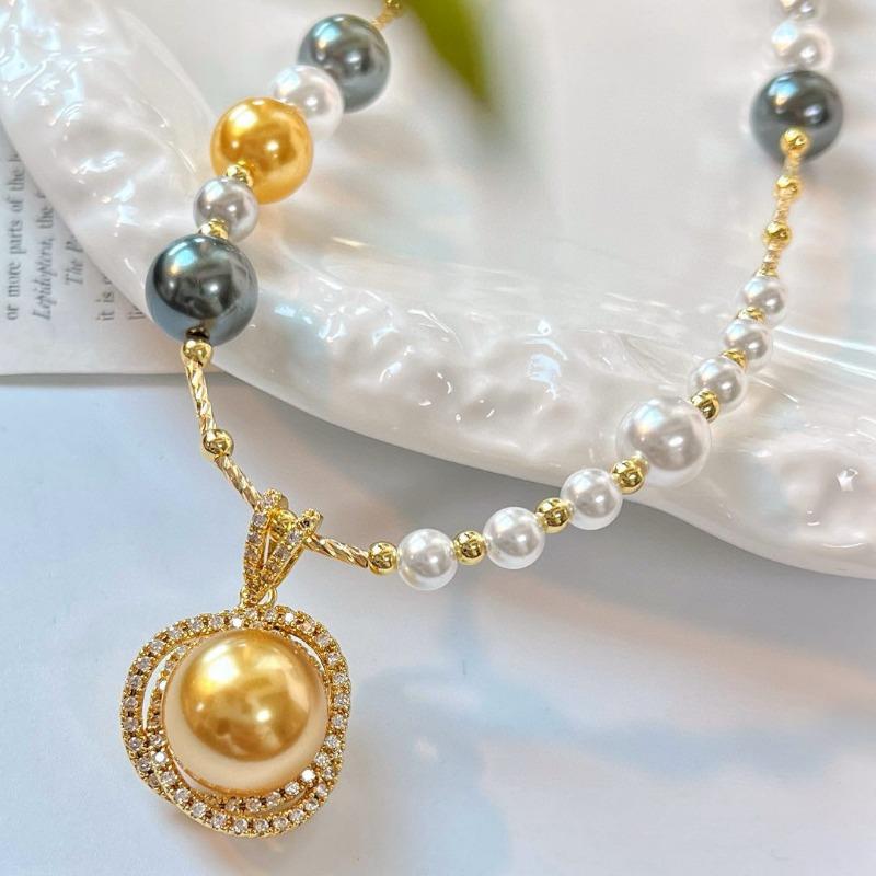 Gold Plated Multi-Tone Mixed Pearl Chain Necklace With Double Halo Golden Pearl Pendant