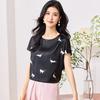 Elastic Satin [19mm Top] 2025 Short Sleeved Women's Spring and Autumn Cartoon Black Background White Cat Women's T-shirt