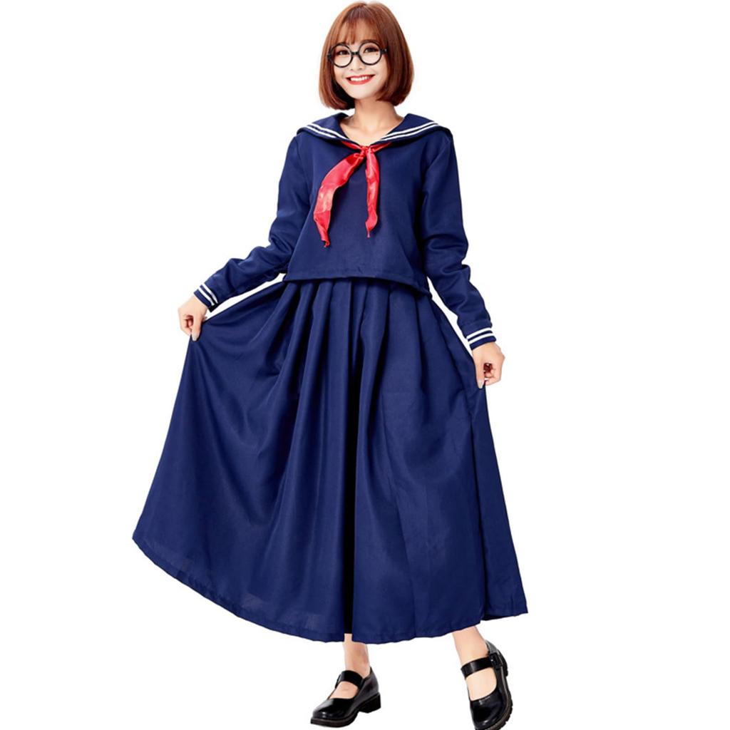 Halloween Sailor Uniform Long Skirt Long Sleeve JK Cosplay Costume Set Long Sailor School Uniform High School Girl Uniform Costume Navy Blue Large