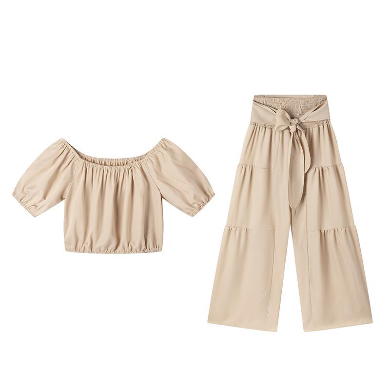 Women's Casual Short Sleeve Top + Wide Leg Pants Suit Fashion Streetwear Tie Up Commuter Outfit Summer Solid Loose Two Piece