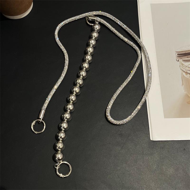 Pearl Silver Rhinestone Luxury Crossbody Phone Lanyard with Full Diamond Pendant, Wearable, Anti-Lost, Sturdy, Wrist Handheld.