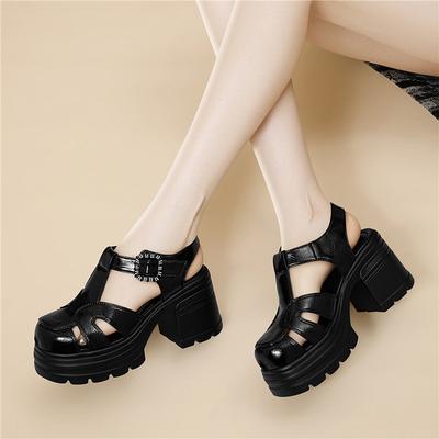 Sandali neri romani cavi rialzati suola spessa cm usura esterna testa a sacchetto scarpe singole moda straniera casual esplosione scarpe da donna