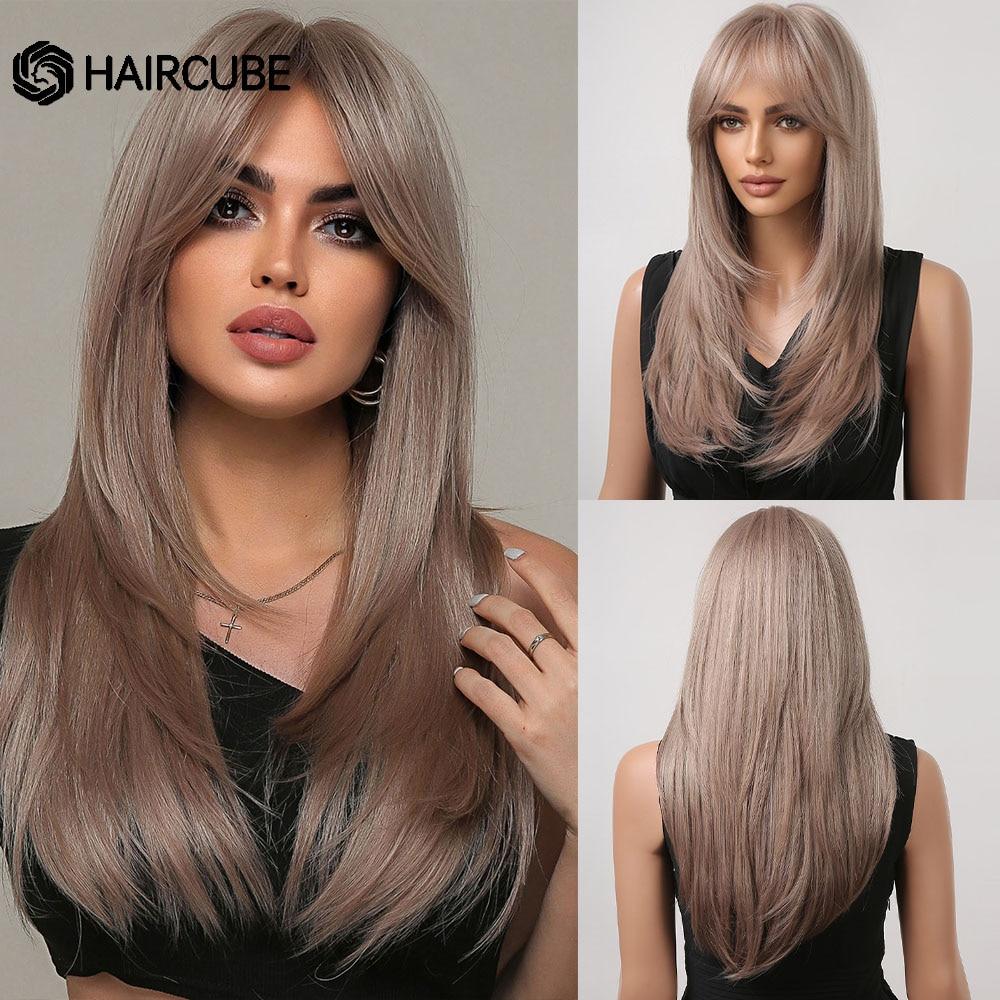 HAIRCUBE Dlouhé rovné syntetické paruky Hnědá Smíšená Bílá Vrstvené paruky pro černé ženy Cosplay paruky odolné vůči teplu