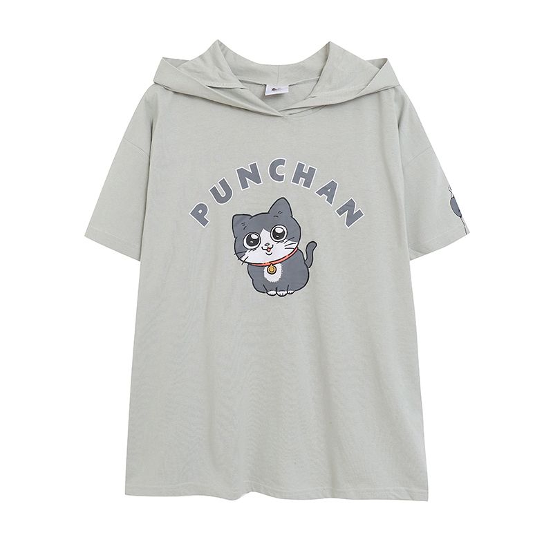 

Export Japanese Single Spring and Summer Cartoon Letter Hooded Short-Sleeved T-shirt Female Loose Plus Size Simple All-Match Tops Cotton Slight Flaw M
