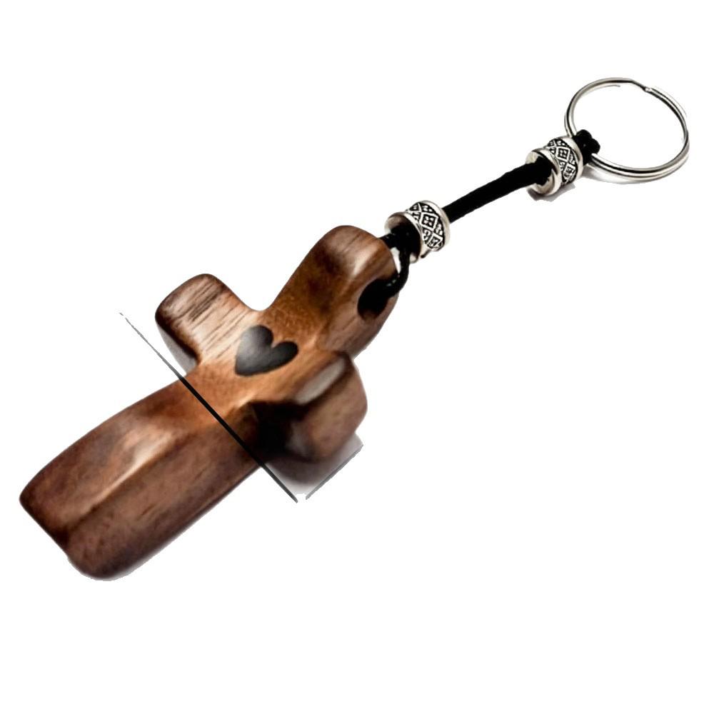 Handcrafted Walnut Heart Cross Keychain