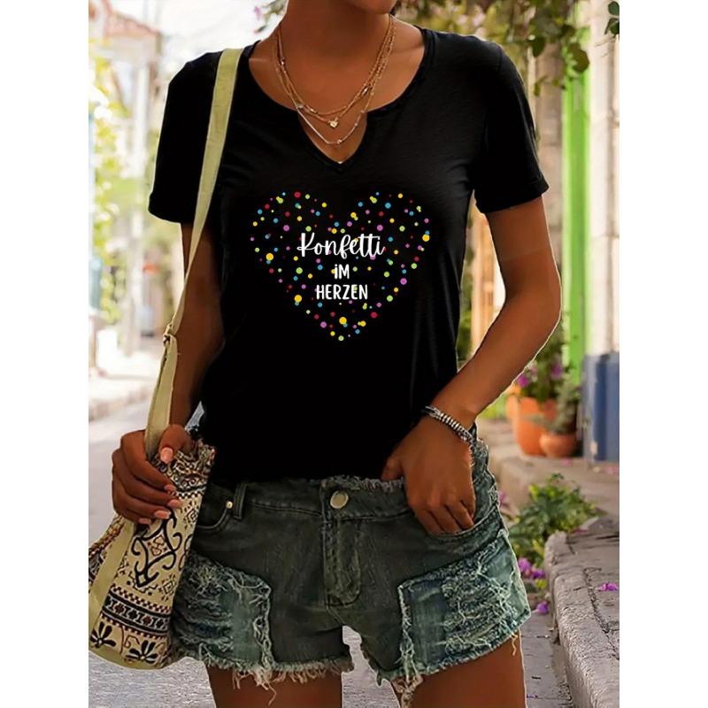 Women's V-Neck "Konfetti im Herzen" Graphic Tee, Colorful Heart Confetti Print T-Shirt, Casual Short Sleeve Festival Fashion Top