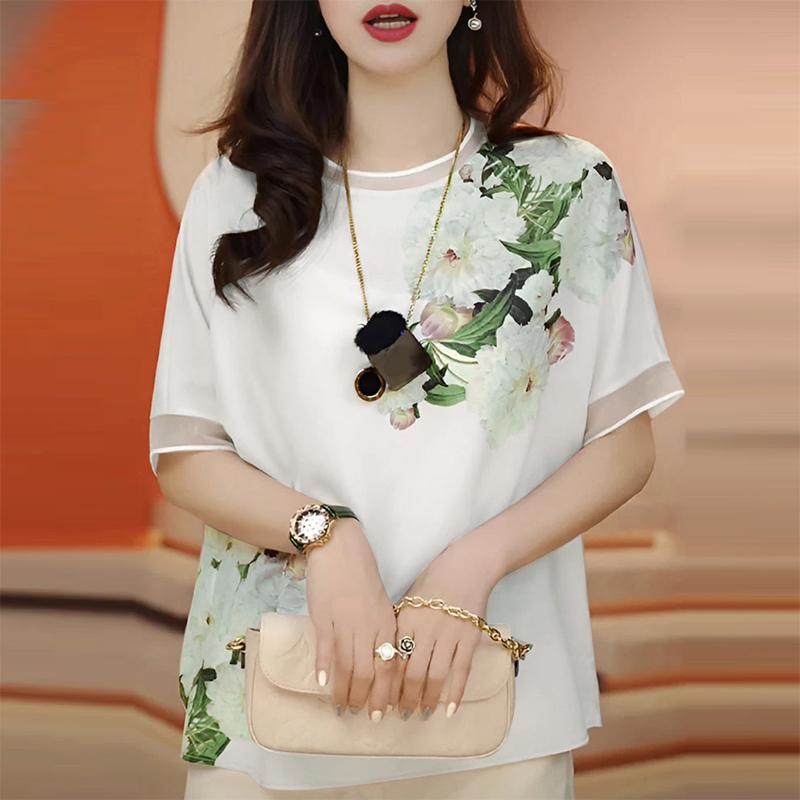 

ZANZEA Женская повседневная блузка с круглым вырезом и короткими рукавами, летняя, с цветочным принтом S белый