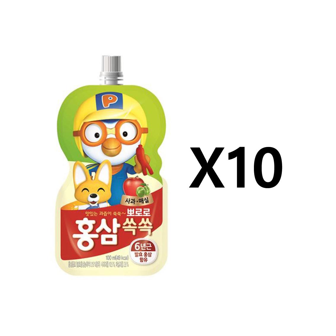 PALDO Pororo 6-летний ферментированный красный женьшень детский (яблоко, слива, апельсин) 2 вкуса по 100 мл × 10 упаковок зелёный