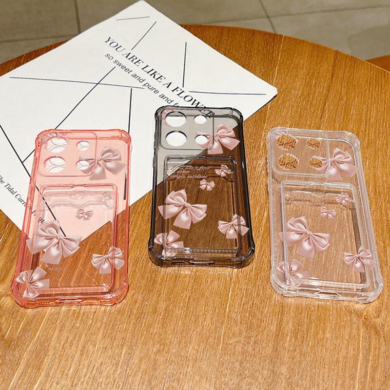 Bowknot Pattern Card Slot Clear Phone Case For Xiaomi 14T 13T Pro Poco F6 Pro X6 C65 Redmi Note 13 Pro 12 11 Soft Silicone Shockproof Bumper Cover