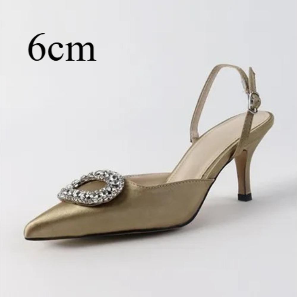 Summer Stiletto Pointed High Heel Rhinestone Buckle Sandals Satin Baotou Female Cool Shoes 34