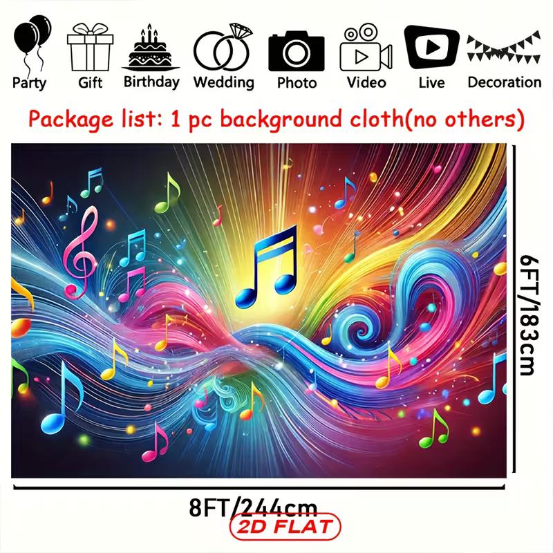 2D Concert Party Background, Multicolor Music Notes & Swirling Light Effects Themed Backdrop