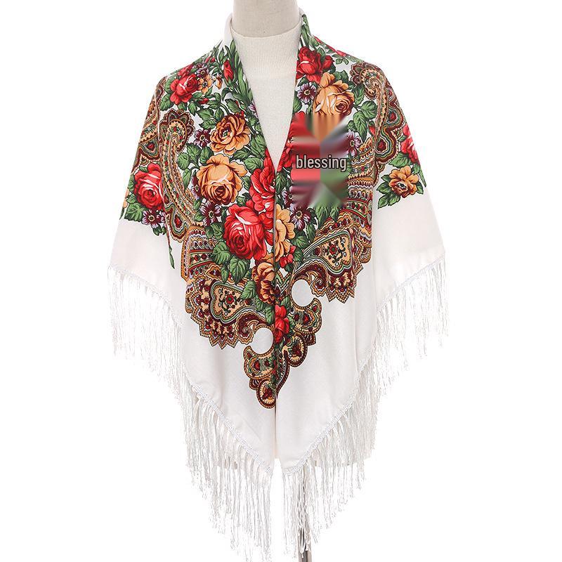 

Женская этническая шаль: Русский хлопковый шарф с кисточками «Пион», осенне-зимний, теплый и солнцезащитный белый