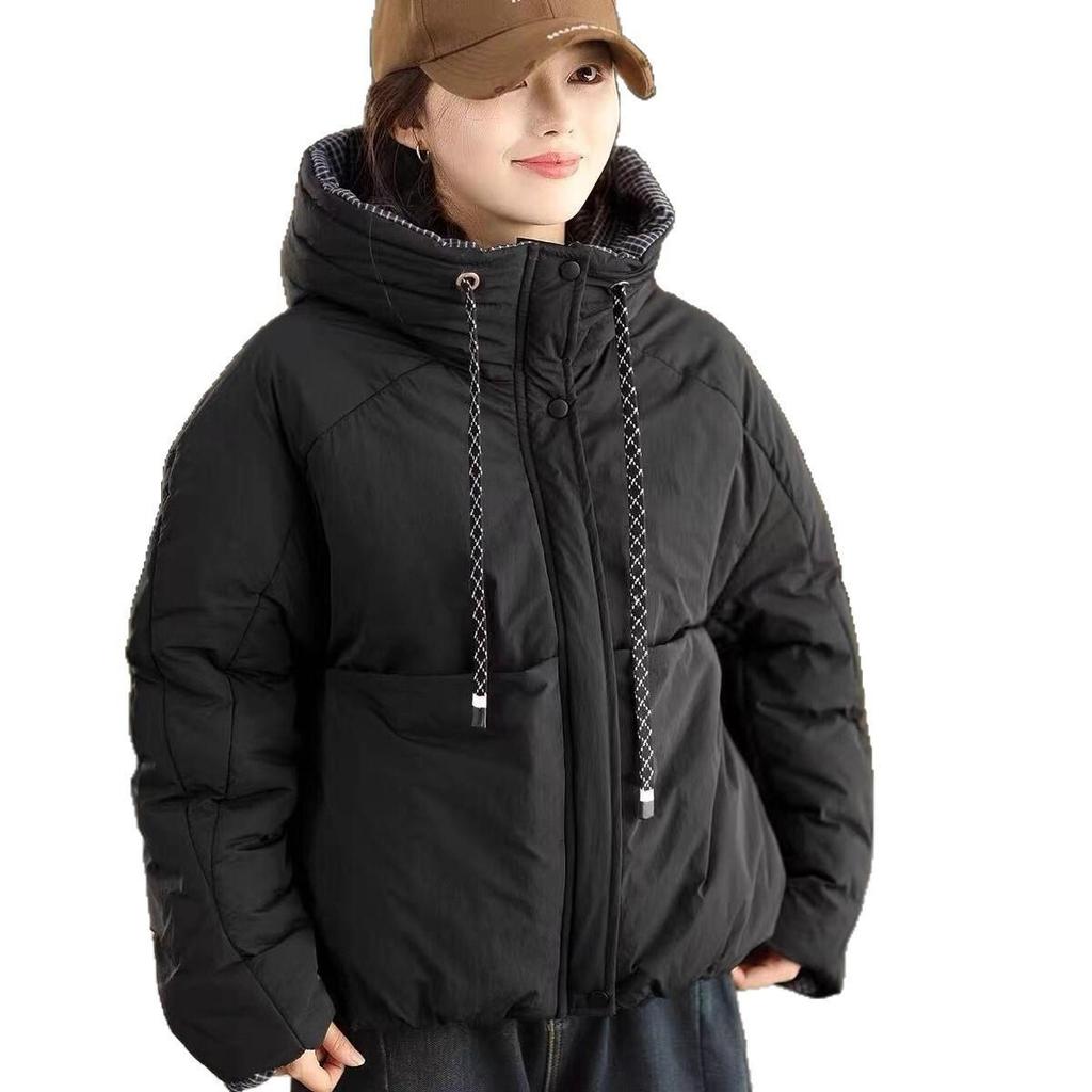 Korean Style Quilted Hooded Jacket with Plaid Lining and Large Pockets – Warm Cotton Bread Coat