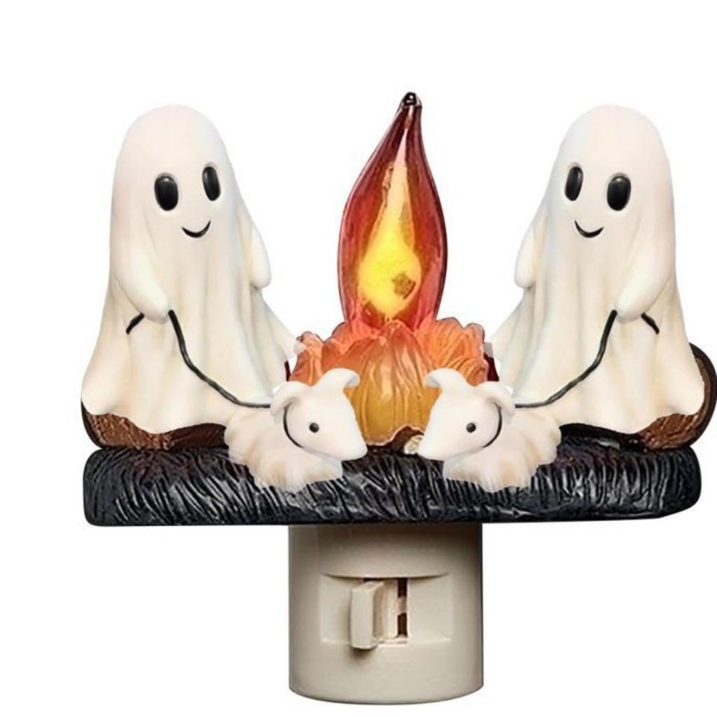 Ghost Campfire Night Light, Plug-in Wall Flickering Flame Nightlight, Halloween 3D Cute Spooky Marshmallow Ghost Decoration for Bedroom