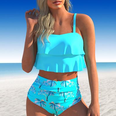 Women's Shoulder Strap Swimsuit Cute Blue Print Bikini Tankini Swimsuit