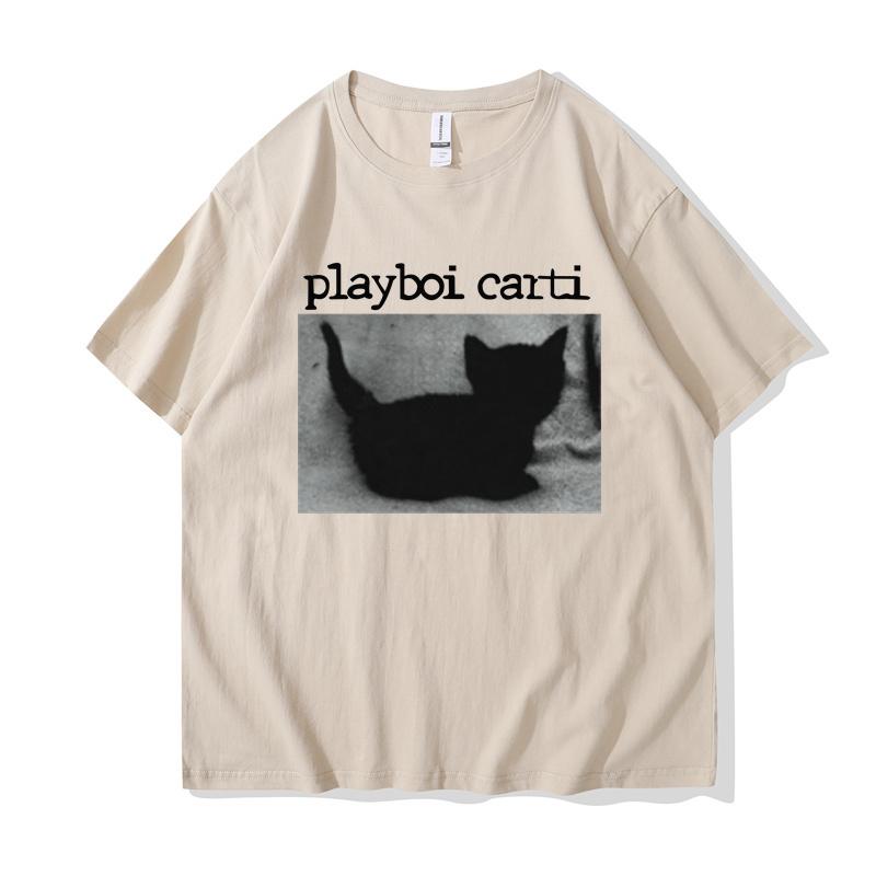Playboi Carti Oversized Hip-Hop T Shirts Cute Cat Harajuku Print Tee Regular Mens Tops Quality Rapper Tshirt