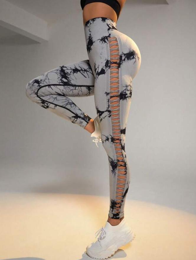 JYL Tie Dye Hollow Yoga Pants Hip Lifting Tummy Control Outfit L режим бежевого