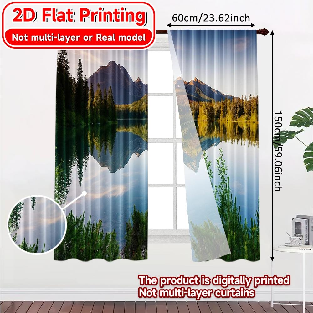 2pcs, 2D FLAT PRINTING Curtains (Without Rod) Mountain Reflection Holiday Printed Curtains Versatile Polyester Curtains Outdoor
