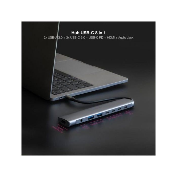 Hub USB-C 8 en 1 - NANO CABLE - 10.16.4608 - HDMI 4K - 2xUSB-A - 3xUSB-C - Gris
