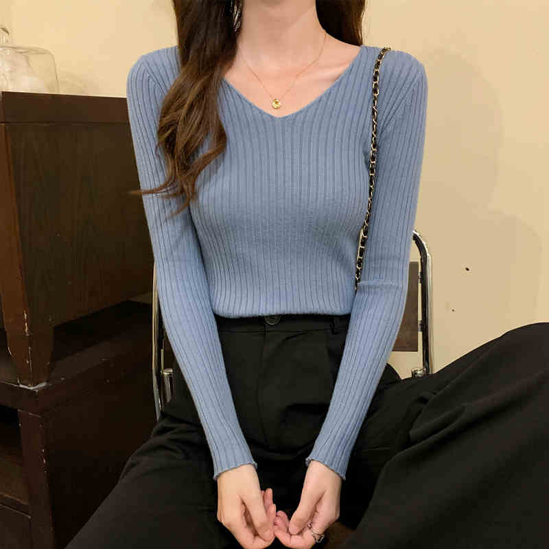 Autumn and Winter New Slim Fit V-neck Pullovers Sweaters Women Long Sleeve Base Knitted Sweater for Women Fashion Solid Casual Knitwear Jumpers 25671