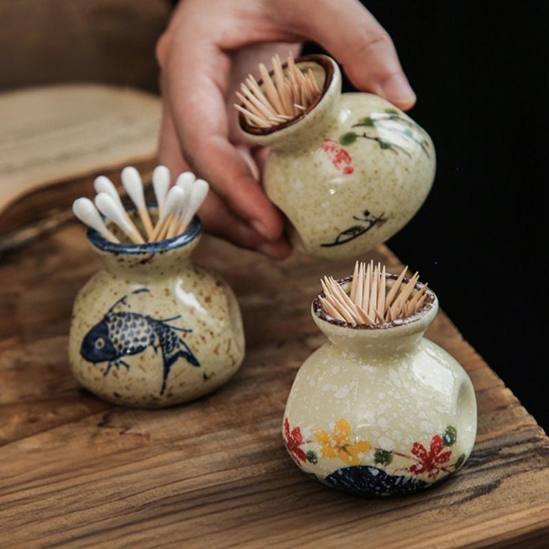 Japanese Style Ceramic Toothpick Holder Mini Retro Cotton Swab Storage Jar Simple Decorative Small Vase Toothpick Dispenser Box