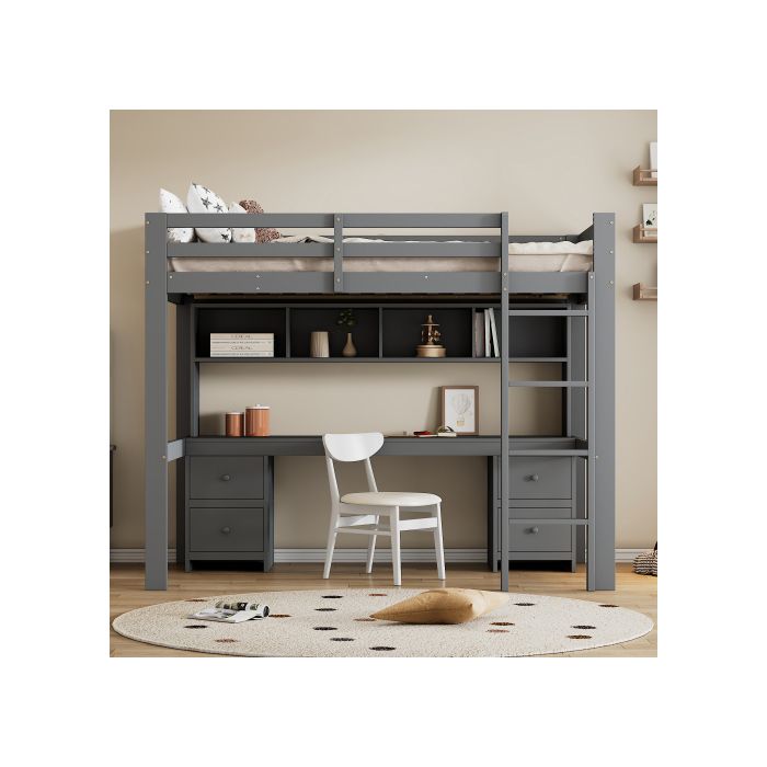 Hochbett - MUVOE - 90x200 cm - Grau - Integrierter Tisch - 4 Aufbewahrungsschubladen
