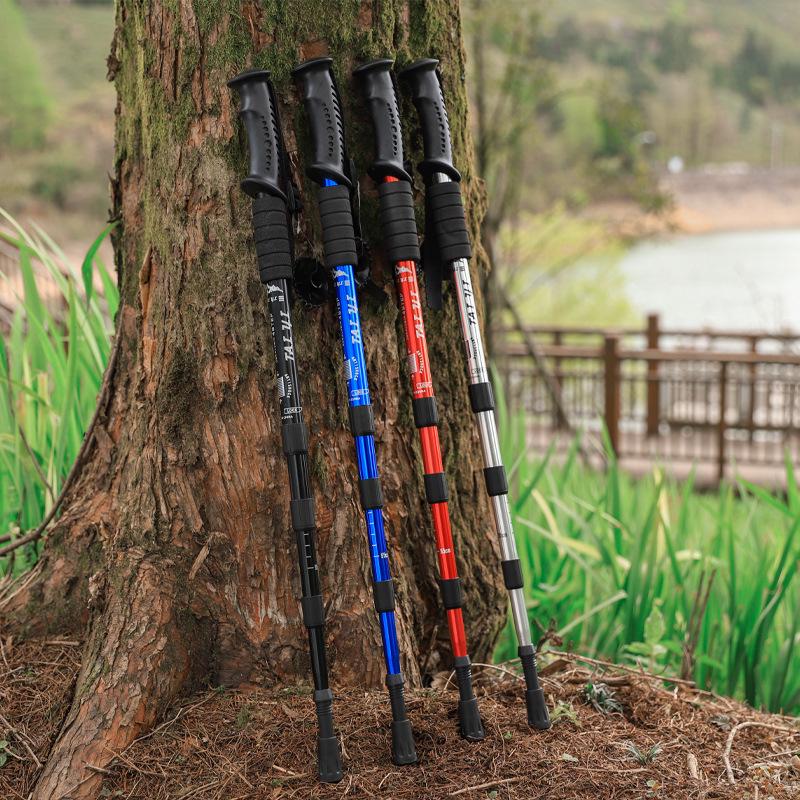 Outdoor Aluminum Trekking Pole/Walking Stick: Straight, T-Grip, Curved, Telescopic Options for Hiking and Skiing.