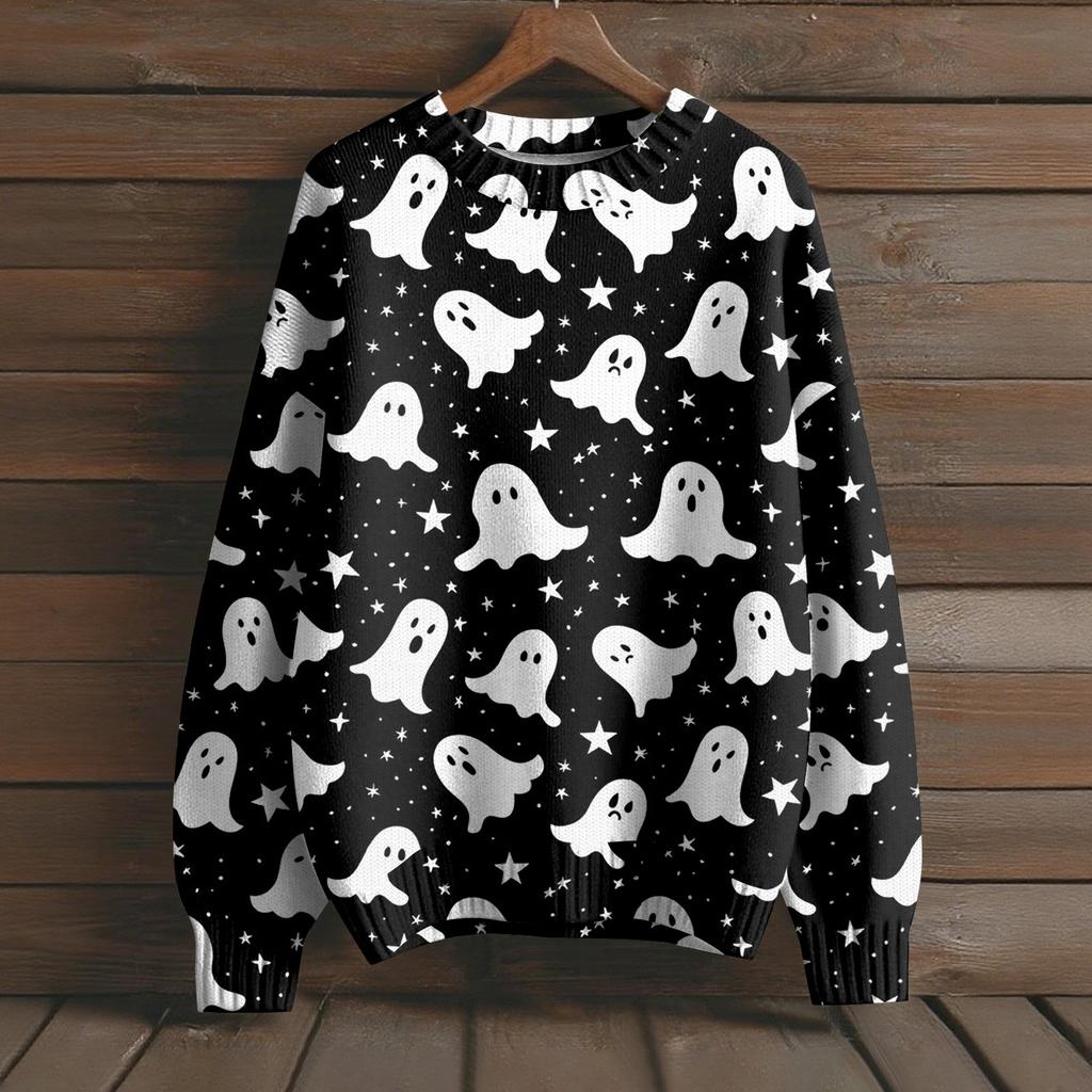 Men's Long Sleeve Pullover Sweater Casual Halloween Print Knit Oversized Sweater