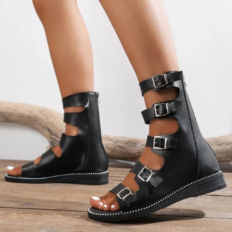 Sandalias De Punta Abierta Para Mujer, Zapatos De Gladiador Planos Con Cremallera Trasera Romana, Informales Para Outsidees,