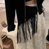 Yuppie Fringe Waistband for Women Elegant Hip Scarf Belt with Tie Black Yuppie Fringe Girdle Belt Stylish Accessory