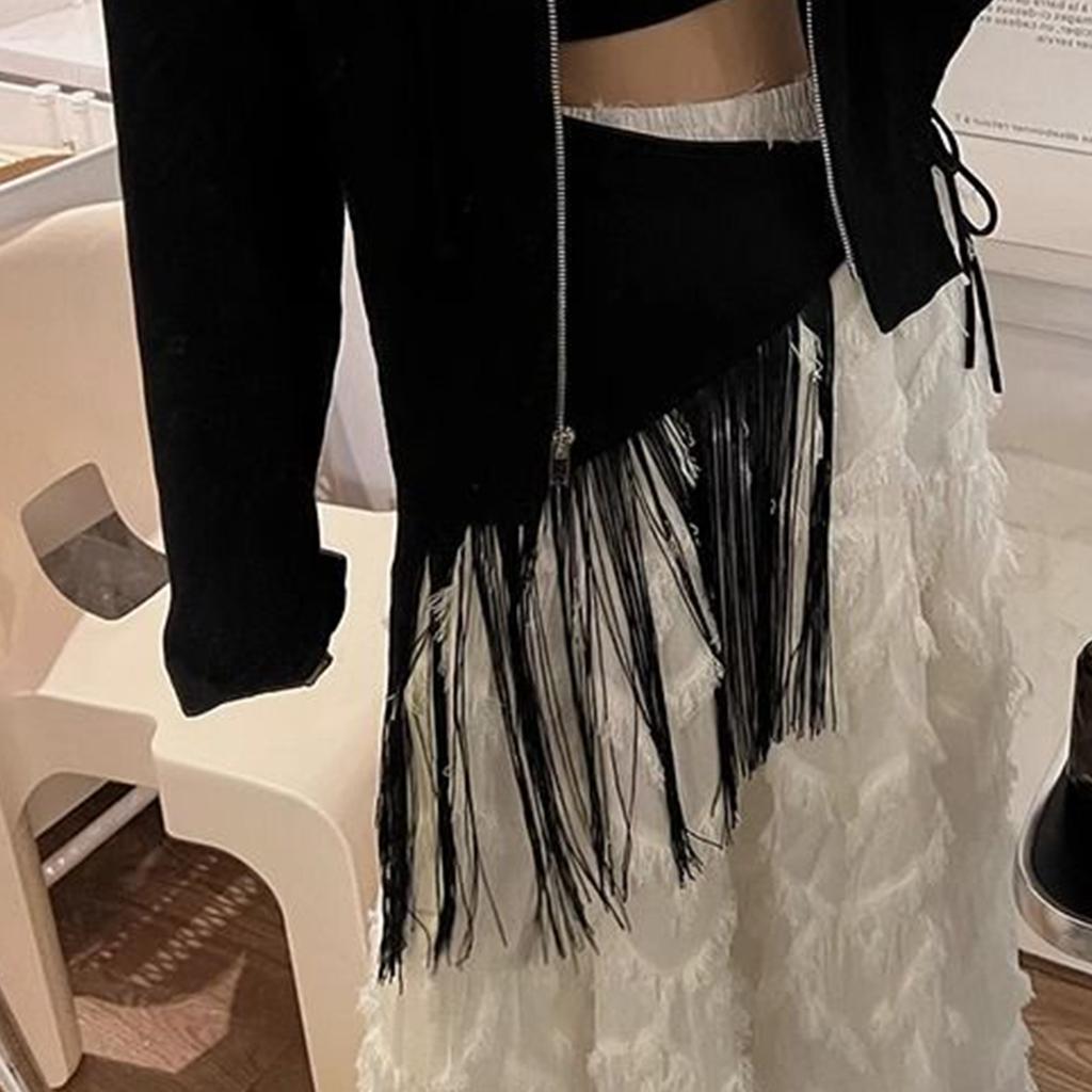 Yuppie Fringe Waistband for Women Elegant Hip Scarf Belt with Tie Black Yuppie Fringe Girdle Belt Stylish Accessory
