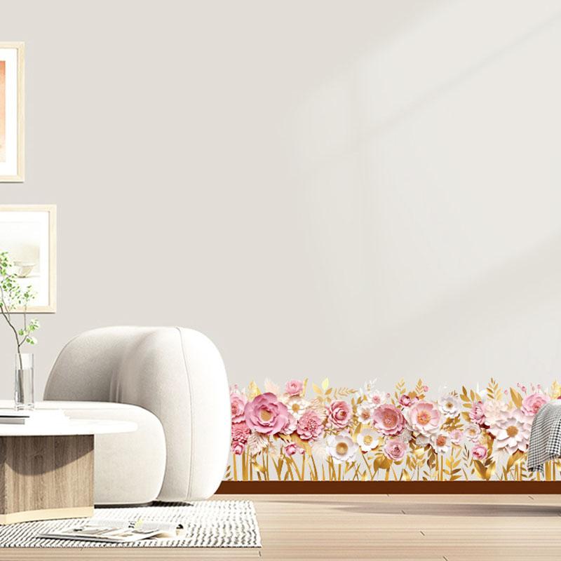 Pink Rose Removable Waterproof Baseboard Wall Sticker for Bedroom and Living Room Home Decoration
