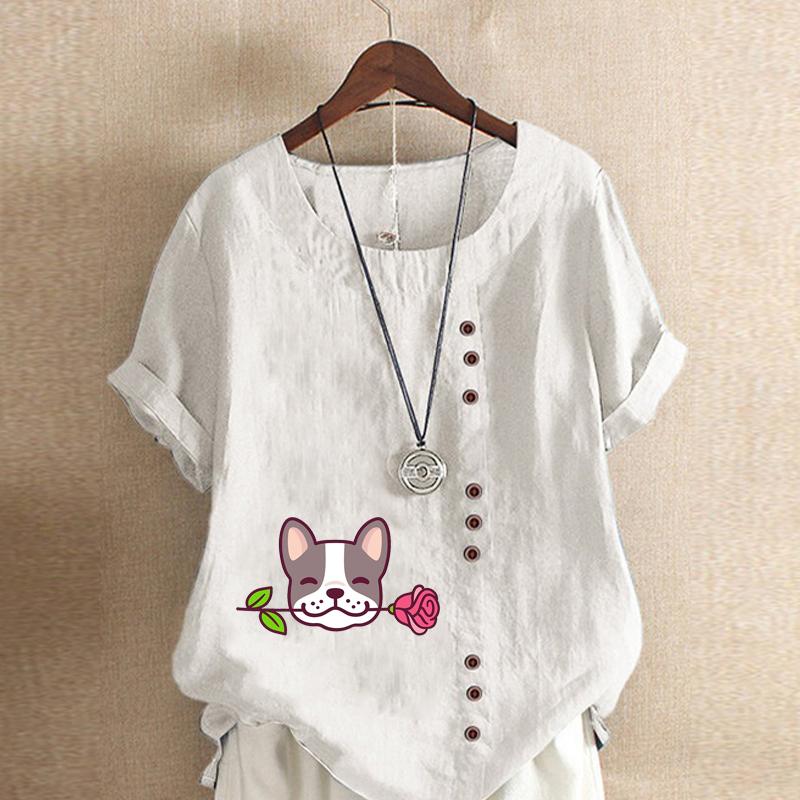 Women's Fashion Round Neck Short Sleeve T-shirt Casual Cotton Linen Graphic Shirt Leisure Loose Cute Dog Flower Prined Summer Blouse Tops Plus Size