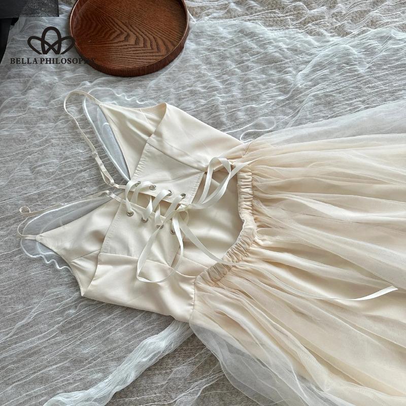 Süßes Maxikleid mit Spaghettiträgern und Schleife im französischen Stil aus Tüll für den Sommerurlaub – schickes ärmelloses Kleid für Damen