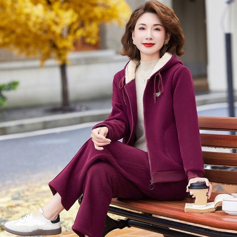 

Модный костюм-куртка для среднего возраста, осенне-зимний, с утолщением из плюшевой ткани, повседневная верхняя одежда, теплый женский костюм из двух предметов XXXXXL вино красного