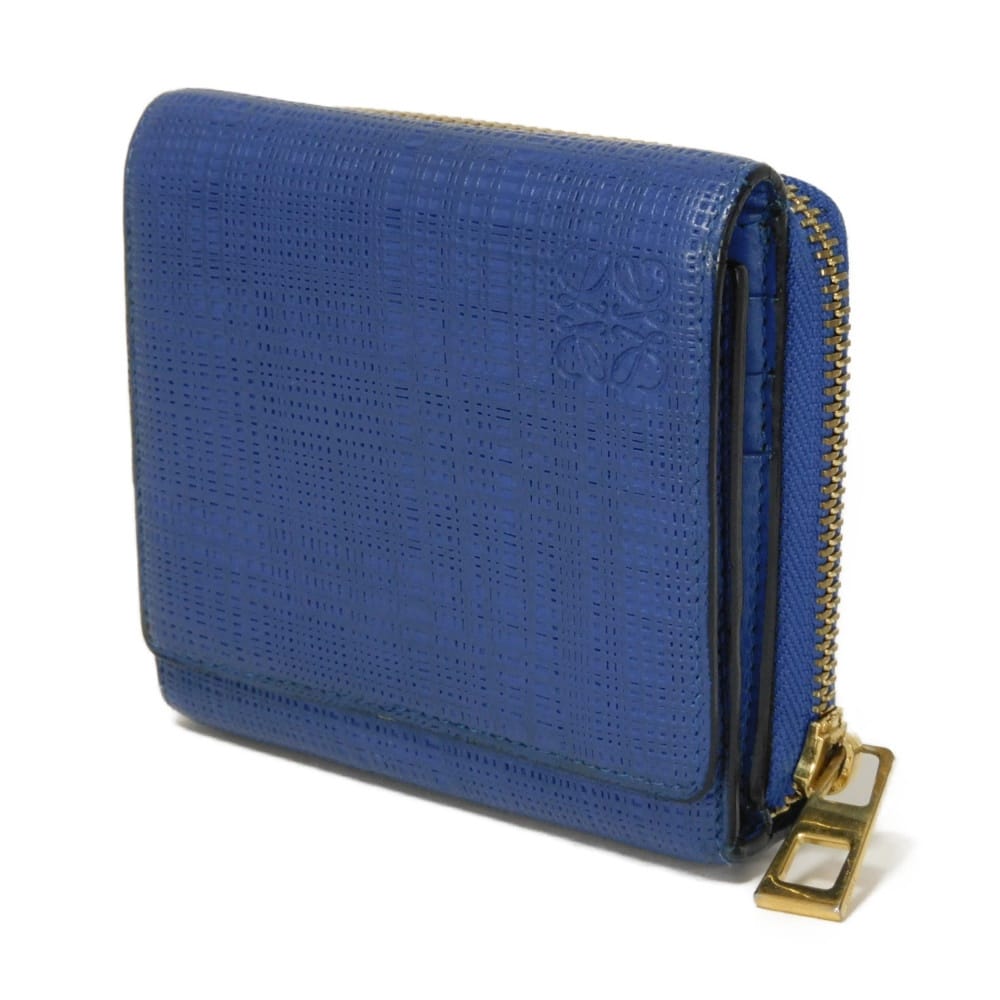 Used 12695 Linen Zip Compact Wallet 7942 Textured Calfskin Zip Around Anagram Embossing Blue Unisex from Japan AUTHENTIC