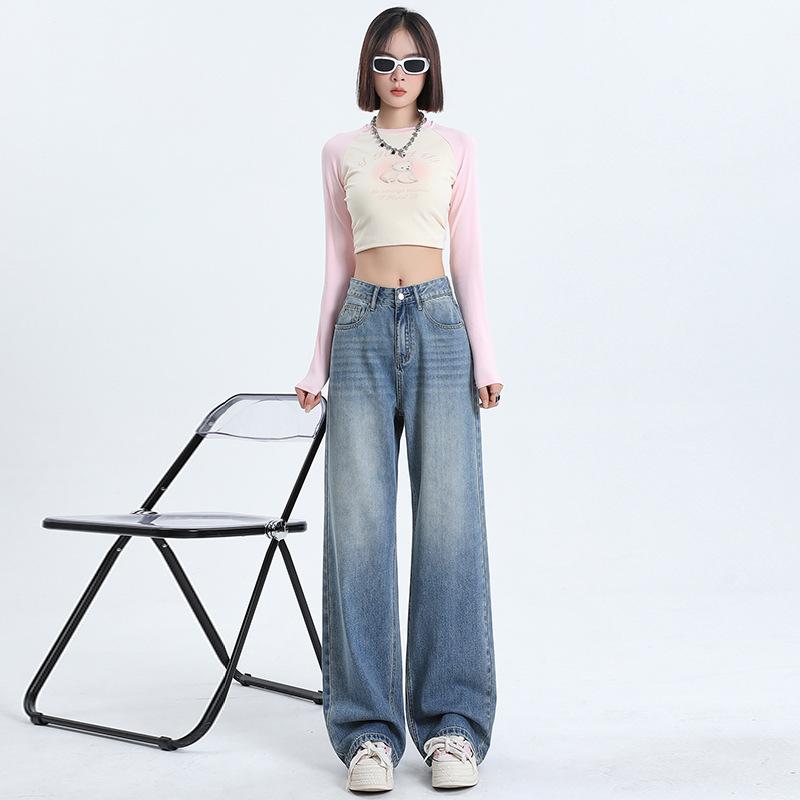 Lieshe design sense narrow version wide-leg velvet thickened jeans women's loose straight vertical versatile and thin floor pants