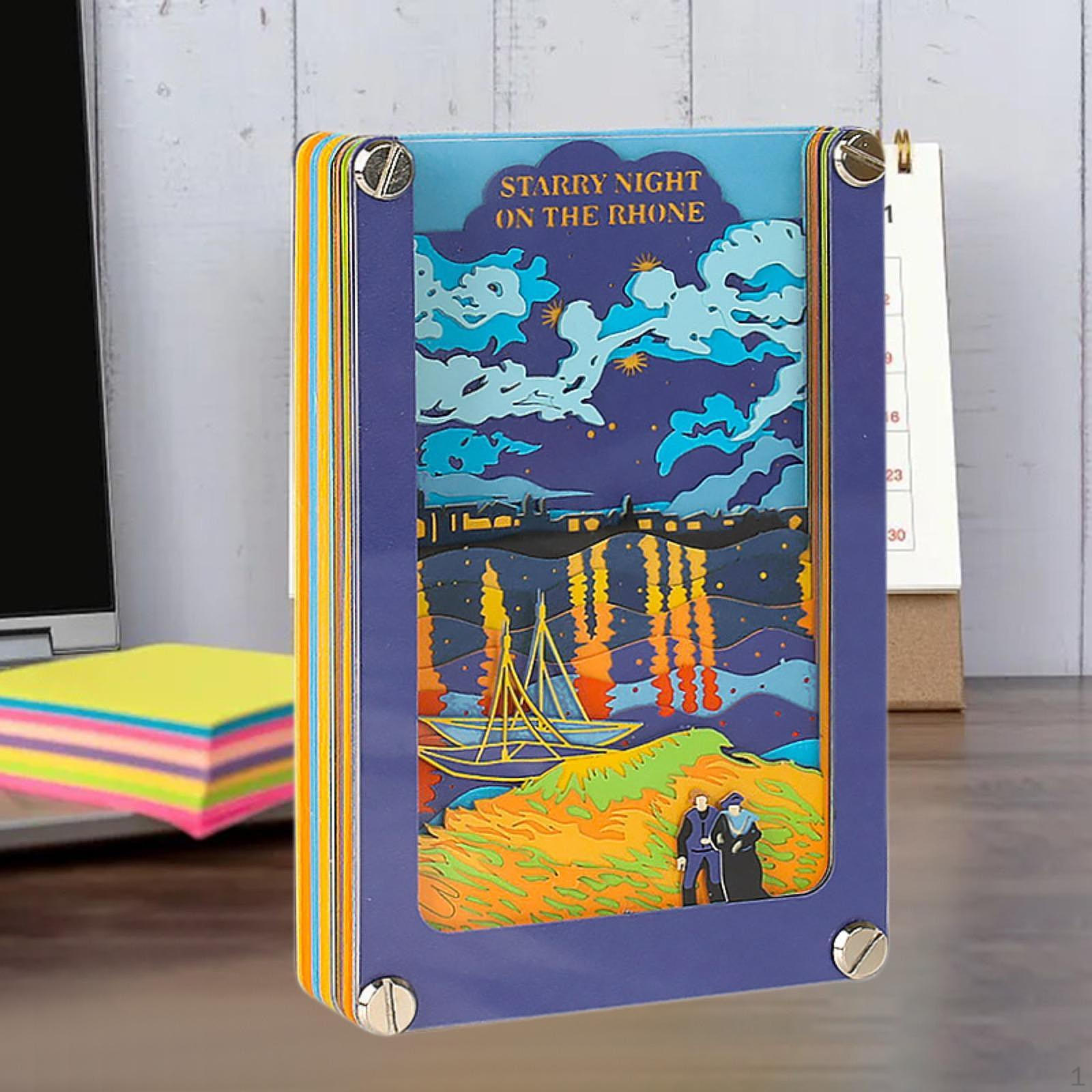 

3D Oil Painting Memo Pad Art Carving Notepad Table Decoration Pen Holder Gift Ornament Study Room Blue Frame