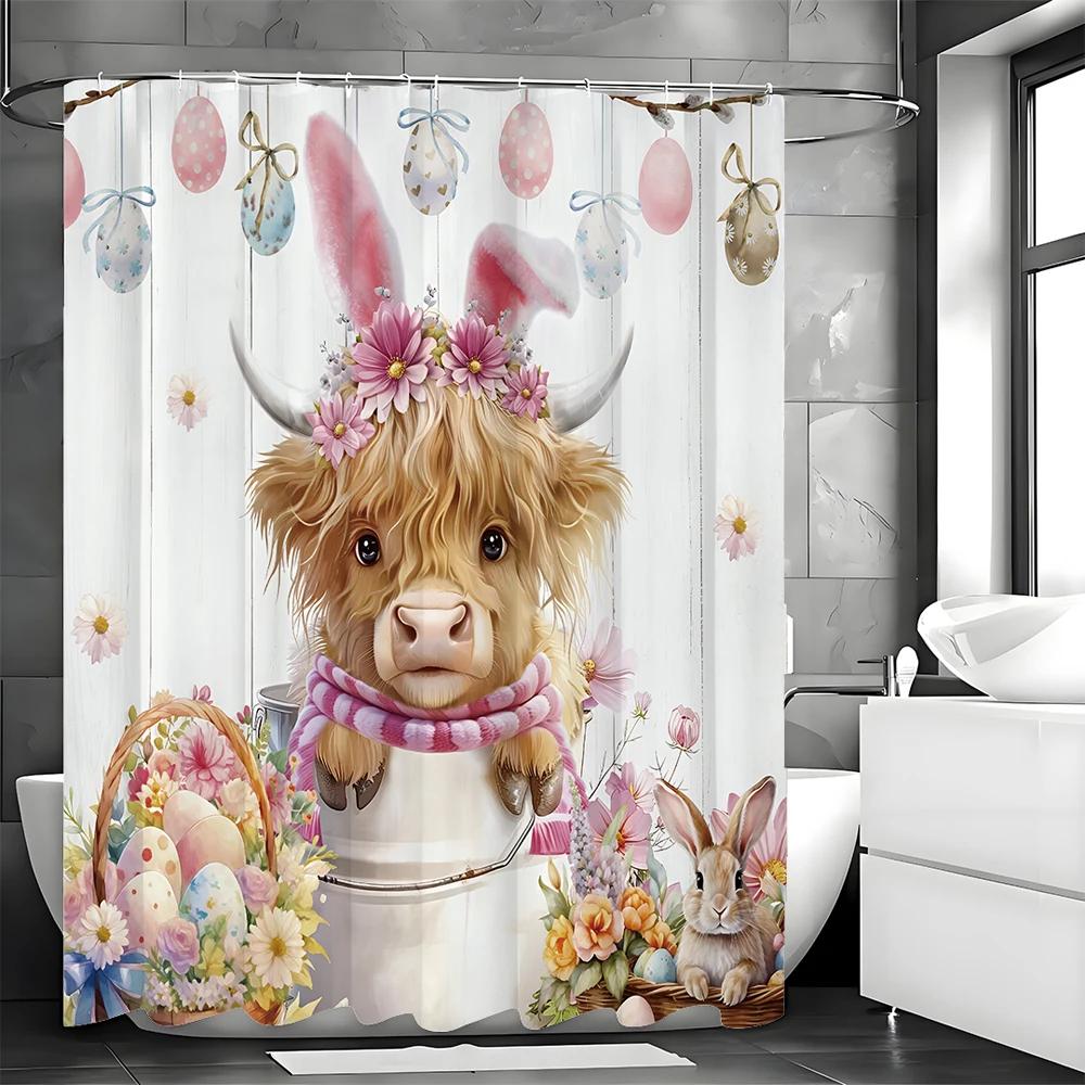 Highland Cow Shower Curtain, Pink, Western, Rustic, Cute, Farm, Bull, Floral, Flowers, Bathroom Decorative Shower Curtain, Water