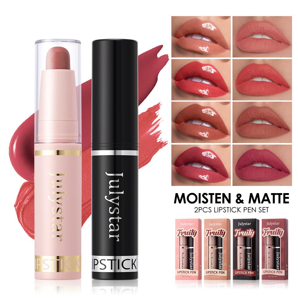 2pcs Fruit Flavor Moisturizing Beauty Makeup Water Lipstick Matte Mist Face Velvet Lip Glaze Sexy Gorgeous Candy Color Lip Makeup