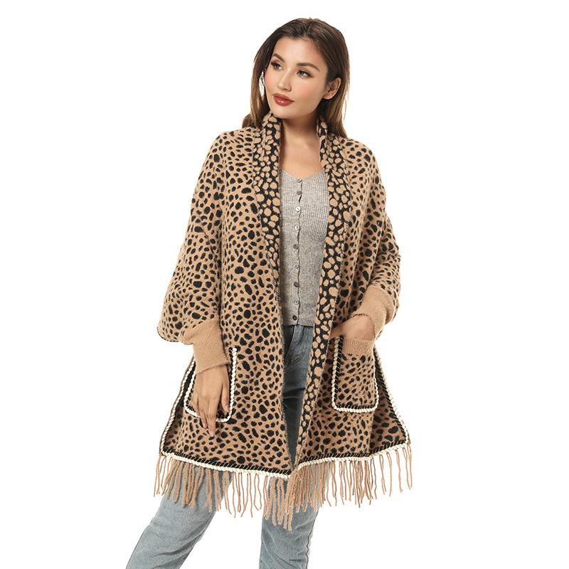 Knitted Shawl Women'S Pocket Cheongsam With Cardigan Cape And Leopard Print Shawl