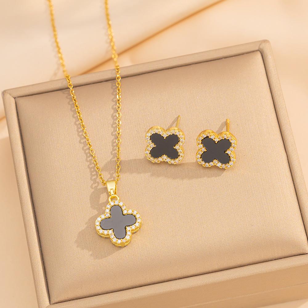 Sparkling Double-Sided Four-Leaf Clover Necklace and Earring Set Stylish Simple Versatile High-End Luxury Titanium Steel Jewelry