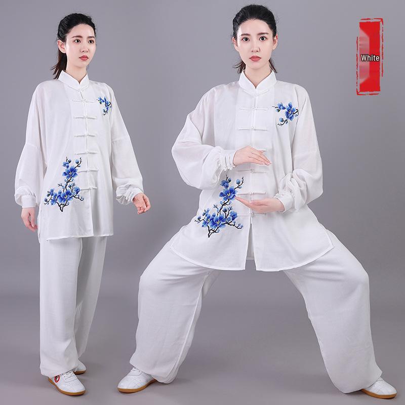 Damski Haftowany Garnitur Tai Chi - Wiosna/Jesień Płynna Bawełna Lniana, Długi Rękaw Kung Fu do Występów, Styl Chiński