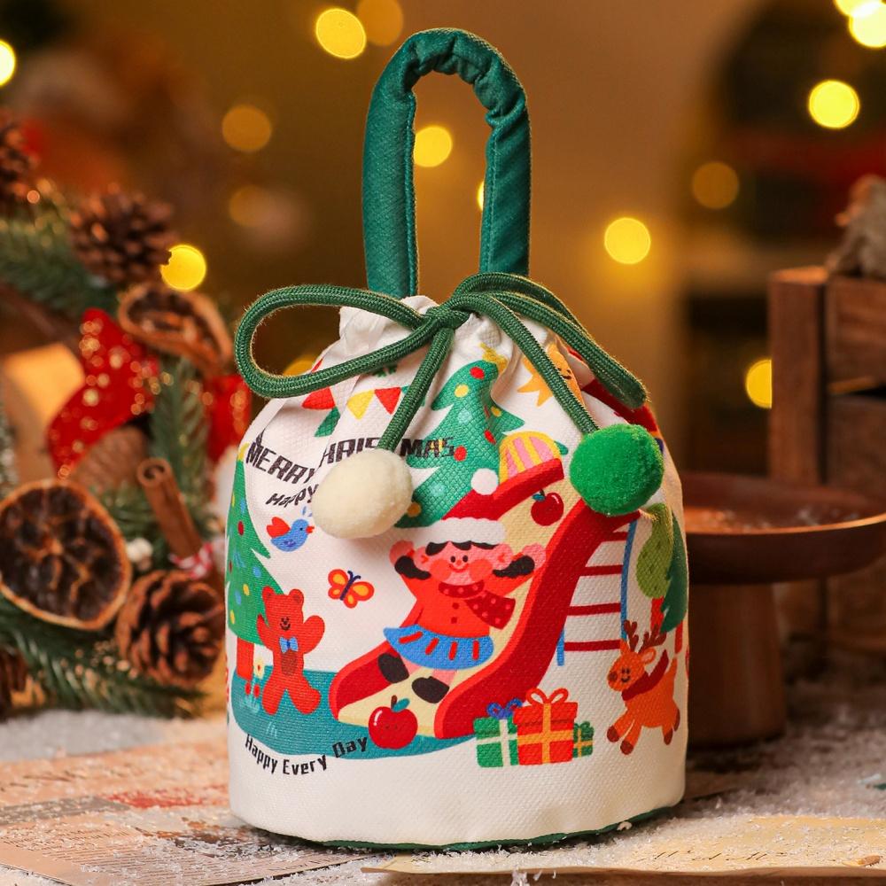 Christmas Gift Bags Cartoon Candy Bag with Bow Biscuits Apple Packaging Box Children's Drawstring Pouch Party Supplies Storage