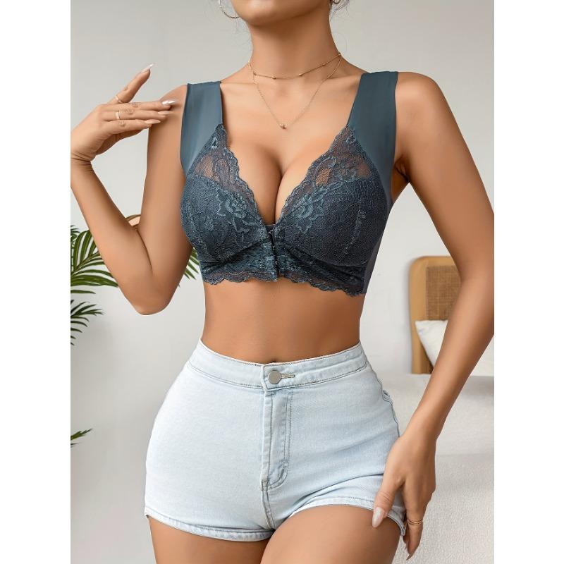 Simple Solid Contrast Lace Front Buckle Bra, Comfy & Breathable Wireless Push Up Bra, Women's Lingerie & Underwear