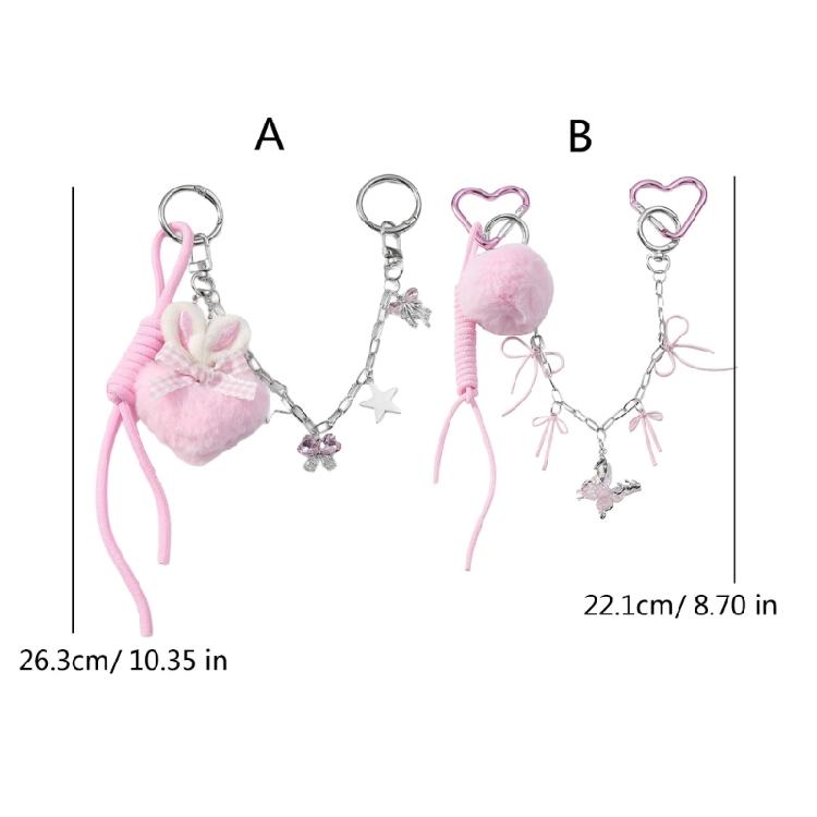 Bows Keyring Creative Car Key Chain Heart Keychain Braided Rope Keychain Ornament Plush Pompoms Bag Charm for Backpack