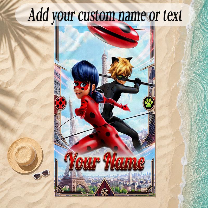 Beach TowelMiraculous Ladybug Custom Name Text Personalized Soft Towel for Beach Pool Indoor Home Decor Gift